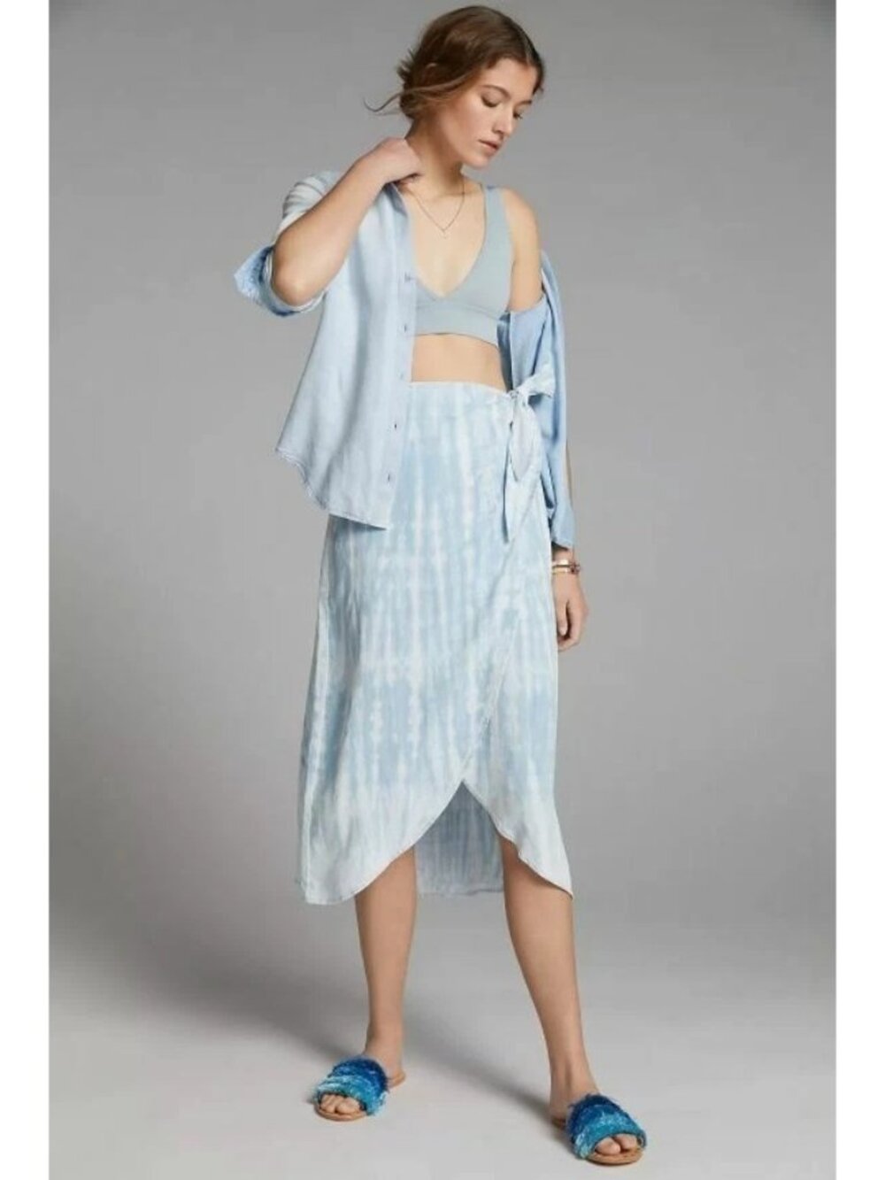 Anthropologie Cloth & Stone Henri Chambray Wrap Midi Skirt In Blue Sz XL